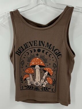 ROMWE Fairycore Mushroom Print Crop Top Believe in Magic Brown Ribbed Tank